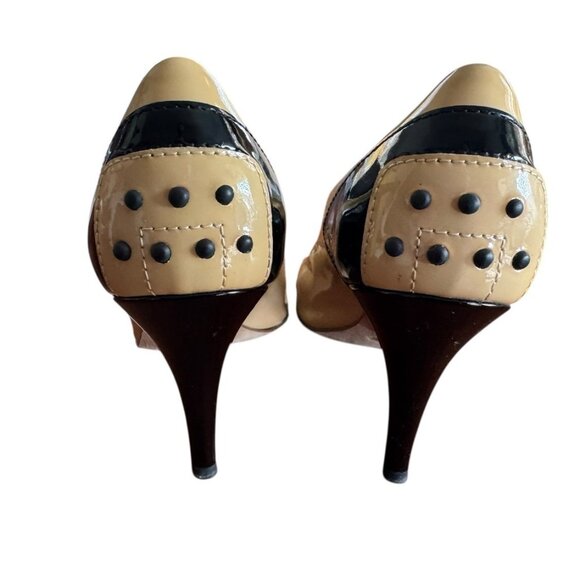 TOD'S Women's Sz 37 US Sz 6.5 Tan & Black Patent Leather Peep Toe Heels - Picture 9 of 15